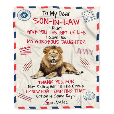 Personalized Airmail To My Son In Law Blanket From Mother In Law Lion Thank You Letter Air Mail Son In Low Birthday Christmas Customized Fleece Throw Blanket Blanket | Teecentury.com