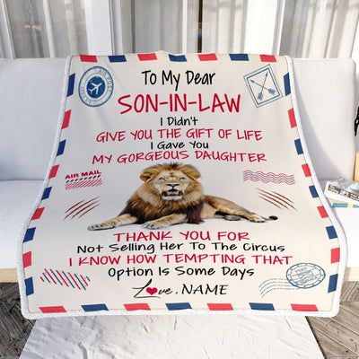 Personalized Airmail To My Son In Law Blanket From Mother In Law Lion Thank You Letter Air Mail Son In Low Birthday Christmas Customized Fleece Throw Blanket Blanket | Teecentury.com