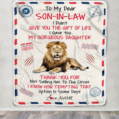Personalized Airmail To My Son In Law Blanket From Mother In Law Lion Thank You Letter Air Mail Son In Low Birthday Christmas Customized Fleece Throw Blanket Blanket | Teecentury.com
