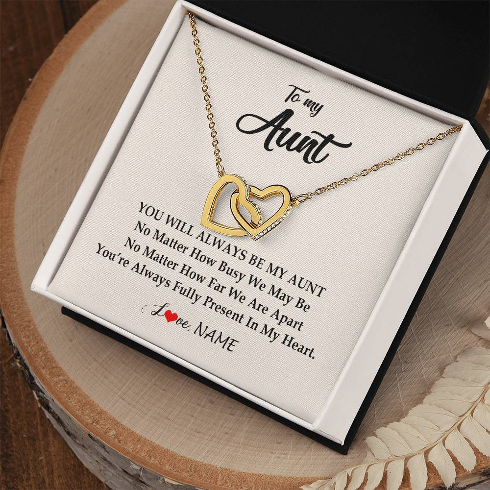 Interlocking Hearts Necklace 18K Yellow Gold Finish | Personalized Aunt Necklace From Niece Nephew You're Always In My Heart Aunt Birthday Mothers Day Christmas Jewelry Pendant Customized Gift Box Message Card | teecentury