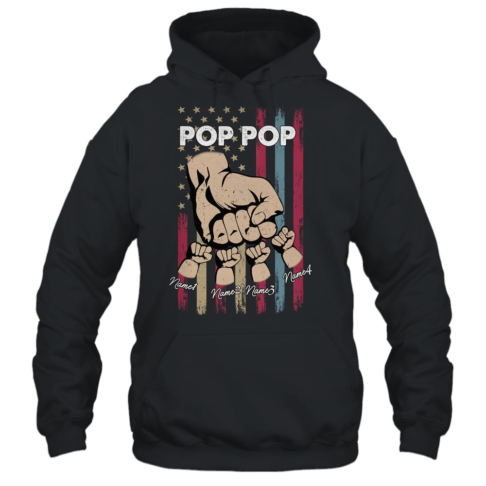 Personalized Awesome Pop Pop Grandkids With Name Custom Hands Fist Bump Flag Fathers Day Birthday Christmas Shirt & Hoodie | teecentury