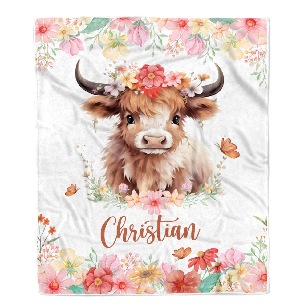 Personalized Baby Blanket Custom Name Newborn Cute Cow Girl Newborns Baby Daughter Niece Granddaughter Birthday Christmas Customized Bed Fleece Throw Blanket | teecentury