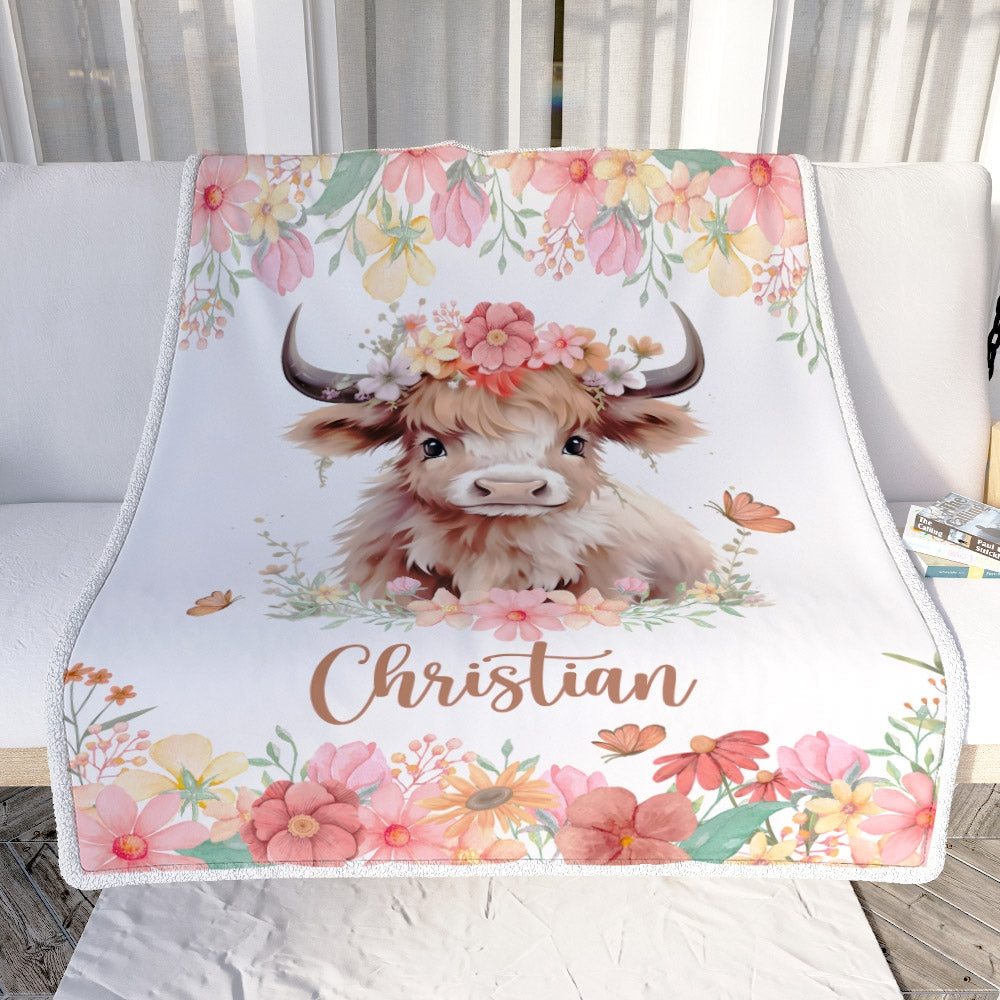 Personalized Baby Blanket Custom Name Newborn Cute Cow Girl Newborns Baby Daughter Niece Granddaughter Birthday Christmas Customized Bed Fleece Throw Blanket | teecentury
