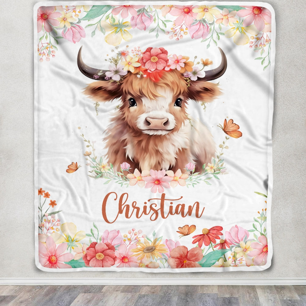 Personalized Baby Blanket Custom Name Newborn Cute Cow Girl Newborns Baby Daughter Niece Granddaughter Birthday Christmas Customized Bed Fleece Throw Blanket | teecentury