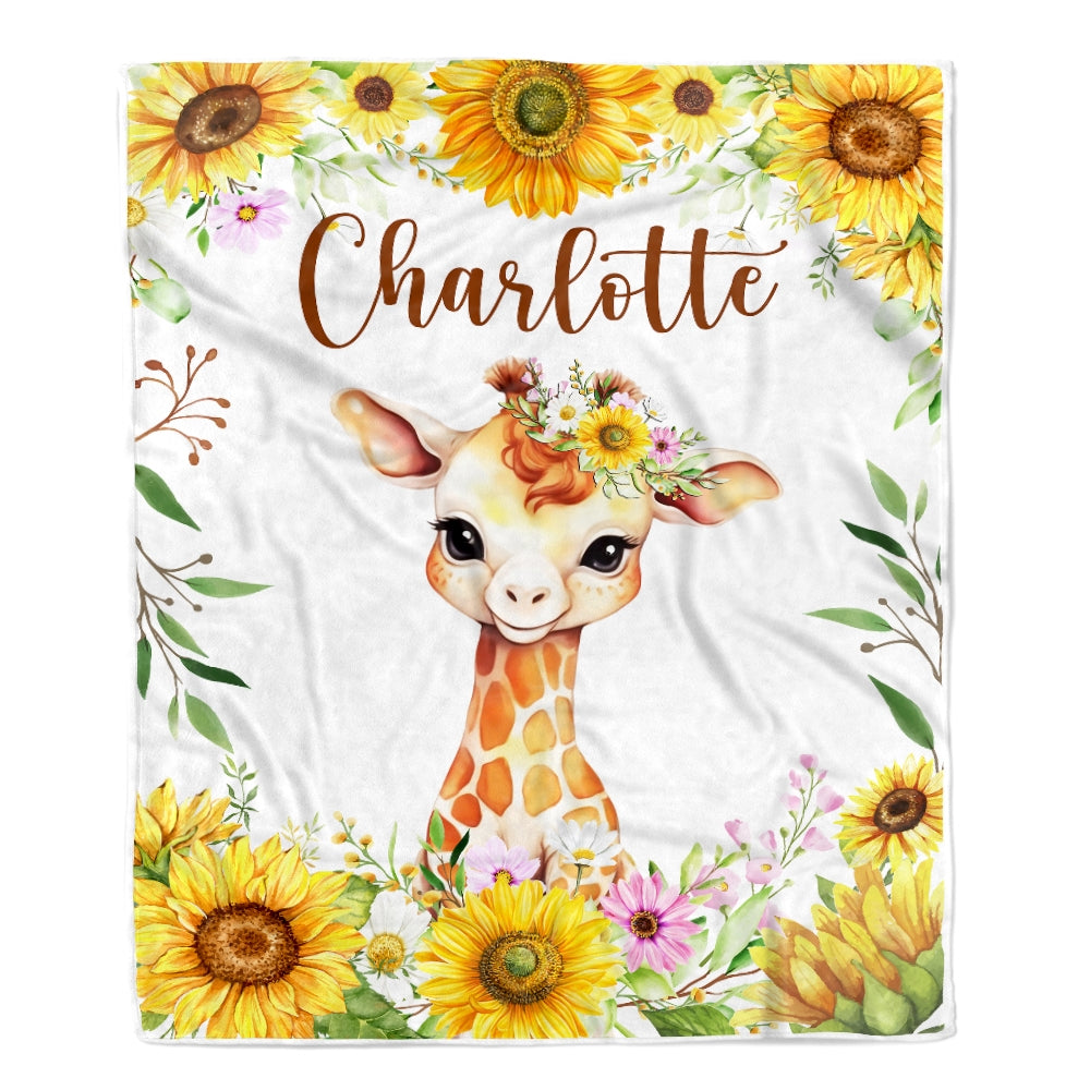 Personalized Baby Blanket Custom Name Newborn Giraffe Sunflower Girl Boy Daughter Niece Granddaughter Birthday Christmas Customized Bed Fleece Throw Blanket | teecentury