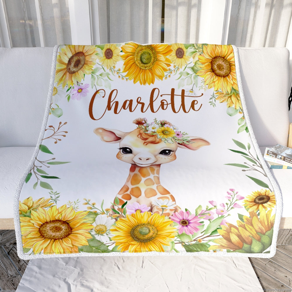 Personalized Baby Blanket Custom Name Newborn Giraffe Sunflower Girl Boy Daughter Niece Granddaughter Birthday Christmas Customized Bed Fleece Throw Blanket | teecentury