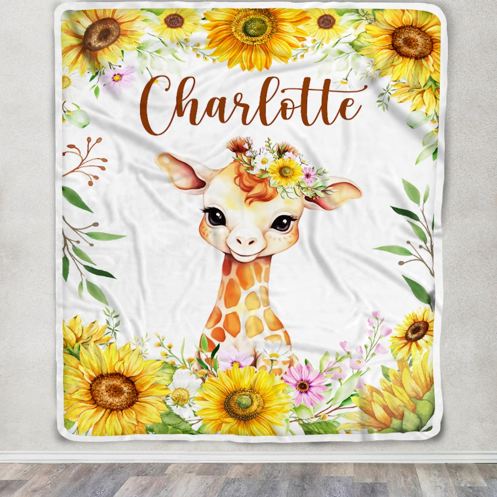 Personalized Baby Blanket Custom Name Newborn Giraffe Sunflower Girl Boy Daughter Niece Granddaughter Birthday Christmas Customized Bed Fleece Throw Blanket | teecentury