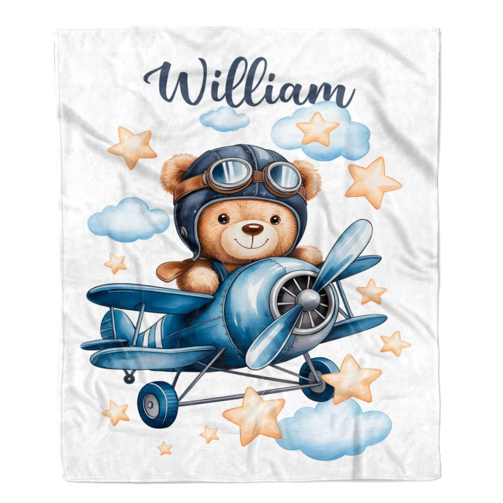 Personalized Baby Blanket Cute Pilot Bear Flying Airplane Nursery Decor Brithday Gift For Newborn Boys Girls Kids Room Adventure Bedding Custom Fleece Blanket | teecentury