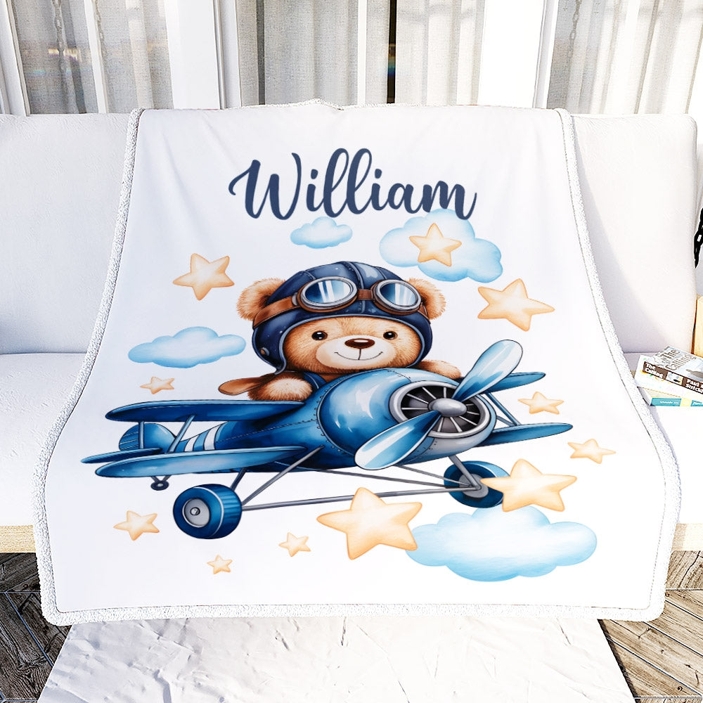 Personalized Baby Blanket Cute Pilot Bear Flying Airplane Nursery Decor Brithday Gift For Newborn Boys Girls Kids Room Adventure Bedding Custom Fleece Blanket | teecentury