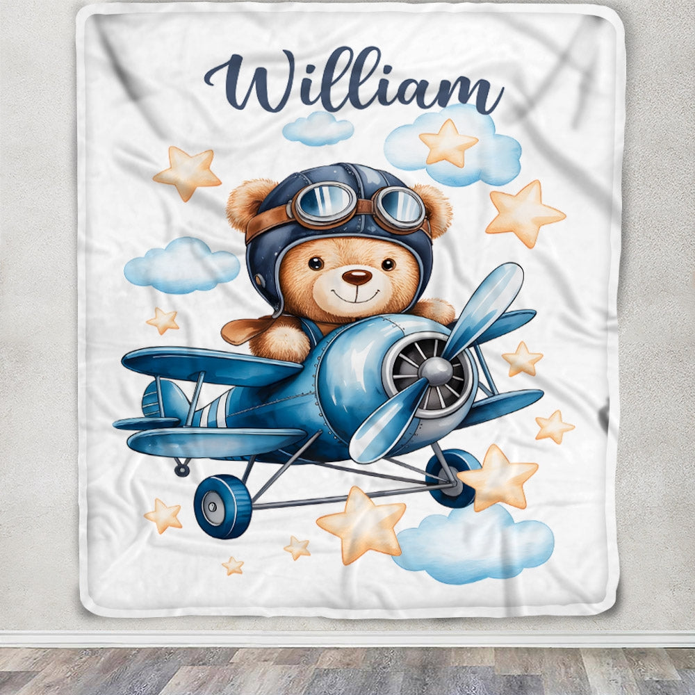Personalized Baby Blanket Cute Pilot Bear Flying Airplane Nursery Decor Brithday Gift For Newborn Boys Girls Kids Room Adventure Bedding Custom Fleece Blanket | teecentury