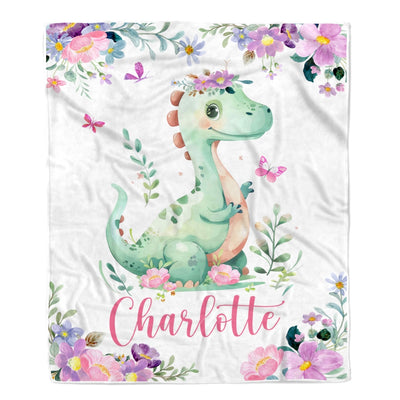 Personalized Baby Blanket Dinosaur Floral Watercolor Blanket with Name Newborns Kid Daughter Granddaughter Niece Birthday Customized Christmas Fleece Blanket Blanket | Teecentury.com