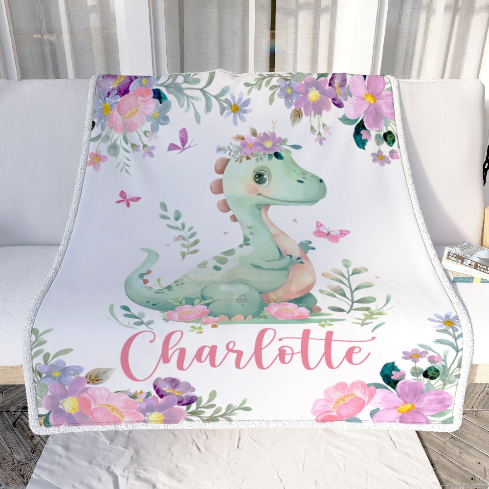 Personalized Baby Blanket Dinosaur Floral Watercolor Blanket with Name Newborns Kid Daughter Granddaughter Niece Birthday Customized Christmas Fleece Blanket Blanket | Teecentury.com