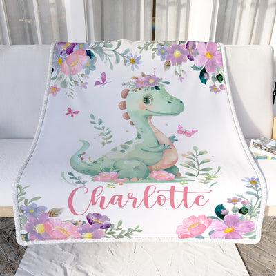 Personalized Baby Blanket Dinosaur Floral Watercolor Blanket with Name Newborns Kid Daughter Granddaughter Niece Birthday Customized Christmas Fleece Blanket Blanket | Teecentury.com