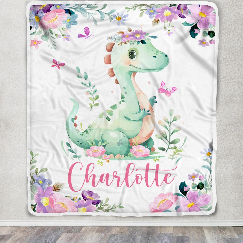 Personalized Baby Blanket Dinosaur Floral Watercolor Blanket with Name Newborns Kid Daughter Granddaughter Niece Birthday Customized Christmas Fleece Blanket Blanket | Teecentury.com