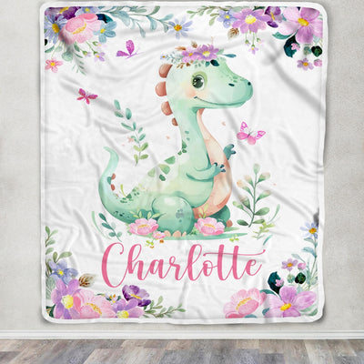 Personalized Baby Blanket Dinosaur Floral Watercolor Blanket with Name Newborns Kid Daughter Granddaughter Niece Birthday Customized Christmas Fleece Blanket Blanket | Teecentury.com