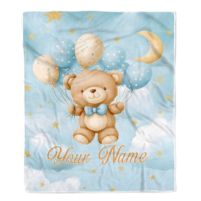 Personalized Baby Blanket For Boys Girls Cute Bear Blue Balloons Custom With Name Easter Christmas Brithday Gifts Kids Newborn Bedding Fleece Throw Blanket | teecentury