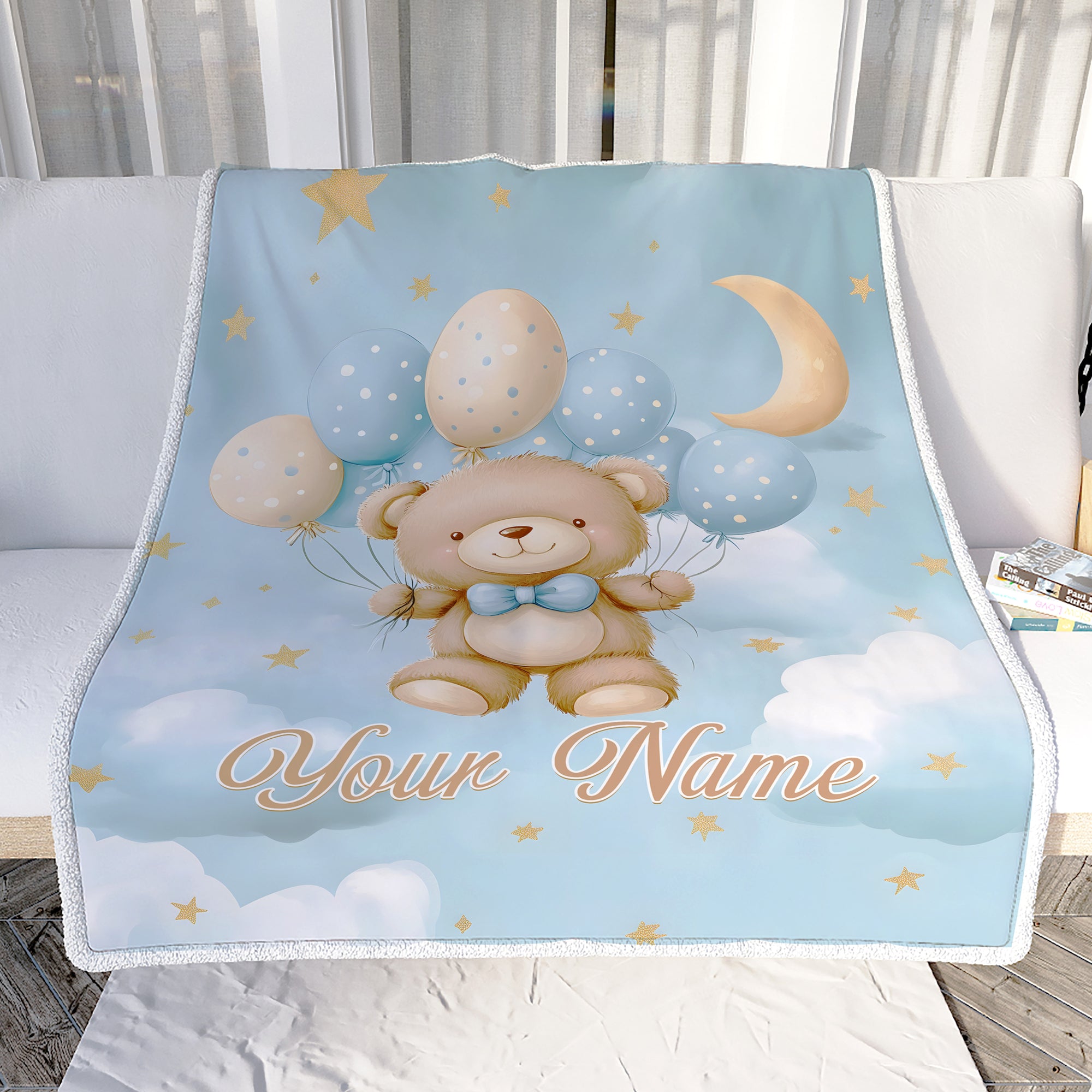 Personalized Baby Blanket For Boys Girls Cute Bear Blue Balloons Custom With Name Easter Christmas Brithday Gifts Kids Newborn Bedding Fleece Throw Blanket | teecentury