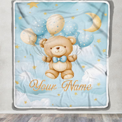 Personalized Baby Blanket For Boys Girls Cute Bear Blue Balloons Custom With Name Easter Christmas Brithday Gifts Kids Newborn Bedding Fleece Throw Blanket | teecentury
