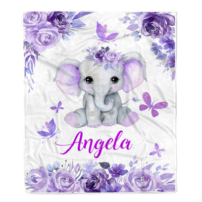 Personalized Baby Blanket Girl Custom Baby Name Purle Floral Elephant Kid Daughter Granddaughter Niece Birthday Christmas Customized Bed Fleece Throw Blanket | teecentury