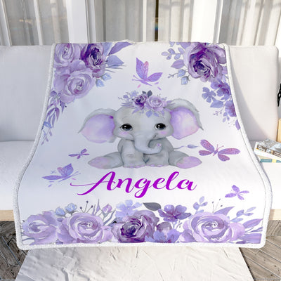 Personalized Baby Blanket Girl Custom Baby Name Purle Floral Elephant Kid Daughter Granddaughter Niece Birthday Christmas Customized Bed Fleece Throw Blanket | teecentury