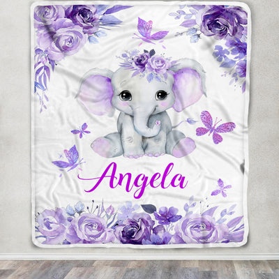 Personalized Baby Blanket Girl Custom Baby Name Purle Floral Elephant Kid Daughter Granddaughter Niece Birthday Christmas Customized Bed Fleece Throw Blanket | teecentury