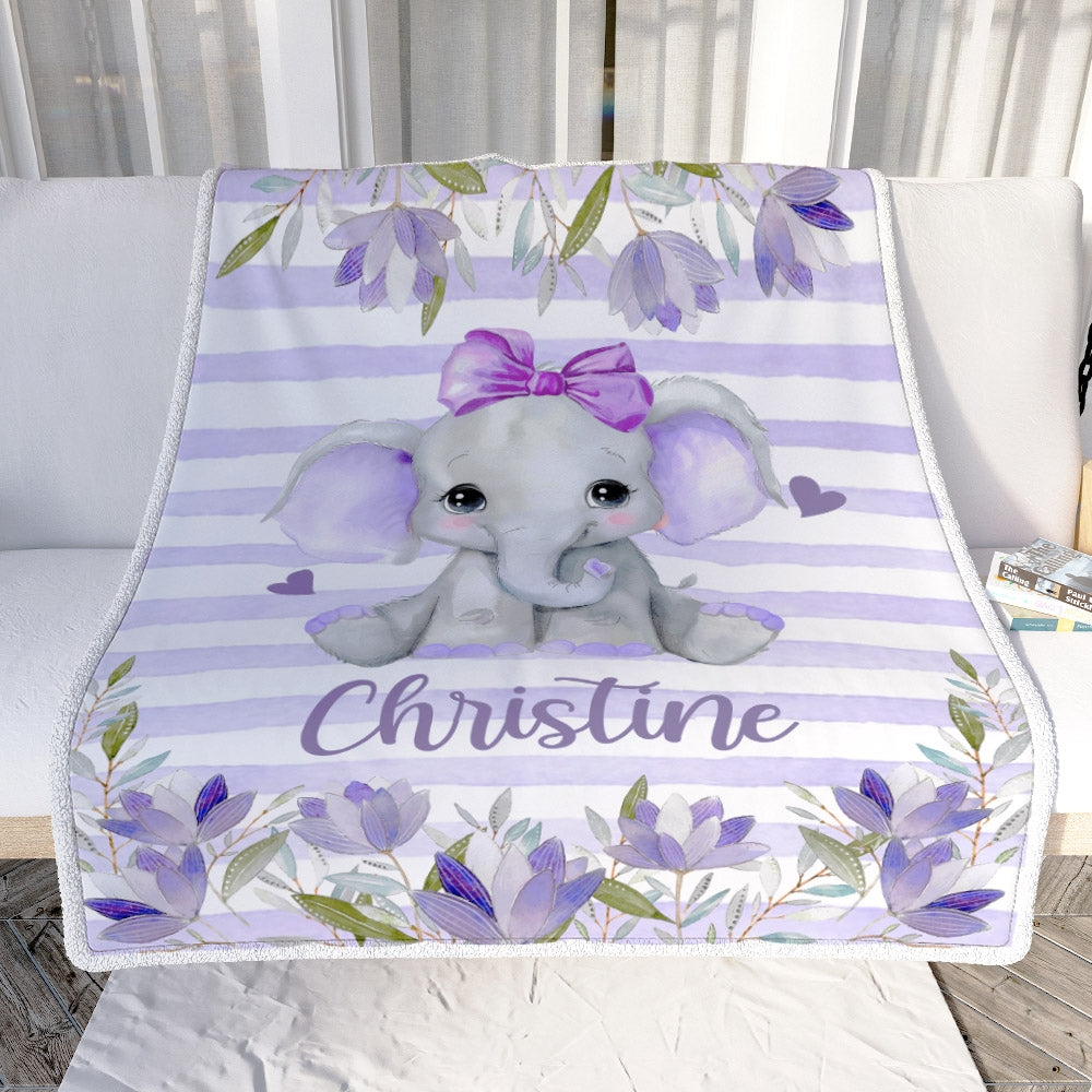 Personalized Baby Blanket Girl Custom With Name Elephant Purle Flower Nursery Kid Daughter Granddaughter Niece Birthday Customized Christmas Fleece Blanket Blanket | Teecentury.com
