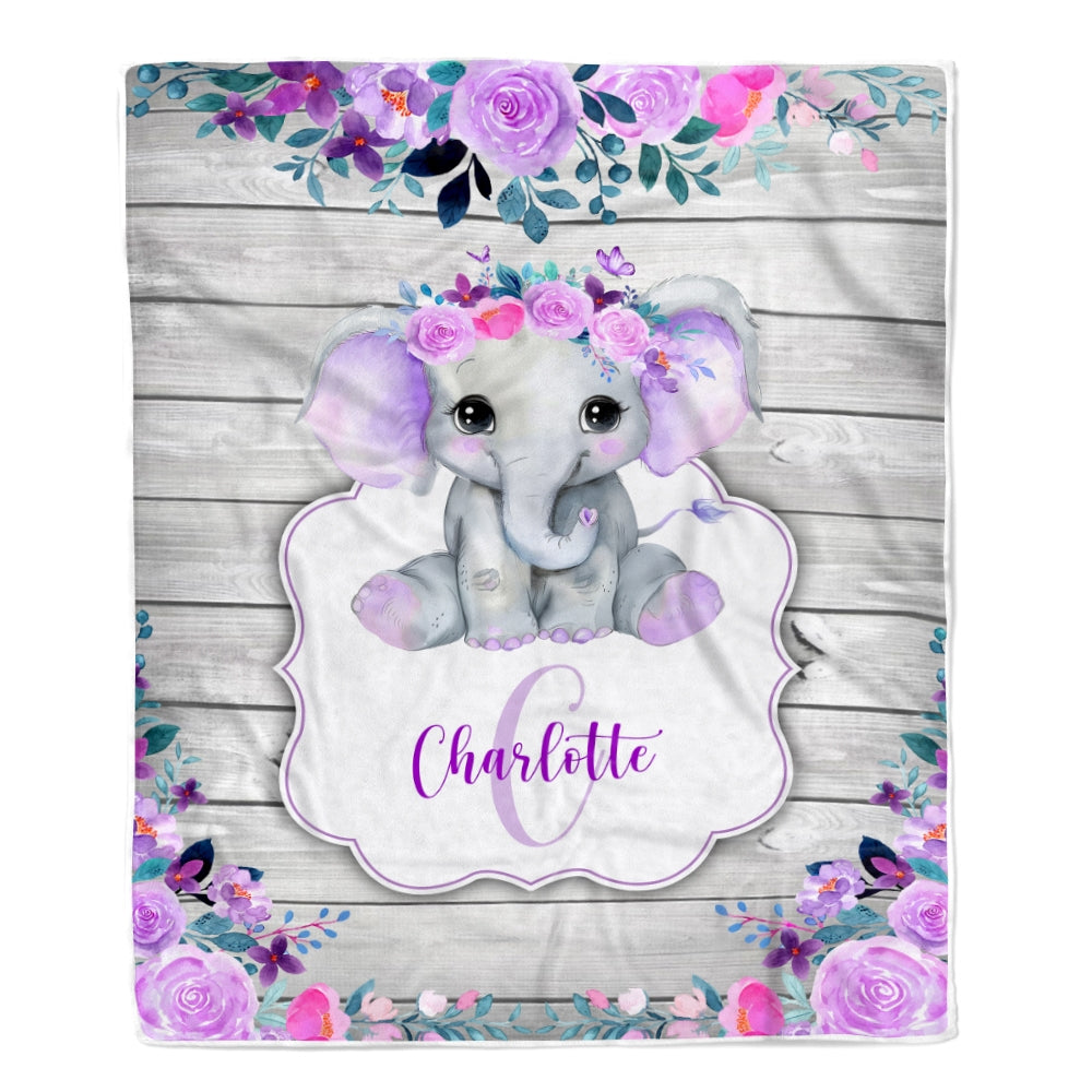 Personalized Baby Blanket Monogram Purple Floral Elephant Custom Nursery Swadding Boy Girl with Name Daughter Granddaughter Niece Birthday Fleece Blanket Blanket | Teecentury.com