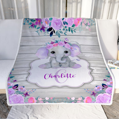 Personalized Baby Blanket Monogram Purple Floral Elephant Custom Nursery Swadding Boy Girl with Name Daughter Granddaughter Niece Birthday Fleece Blanket Blanket | Teecentury.com