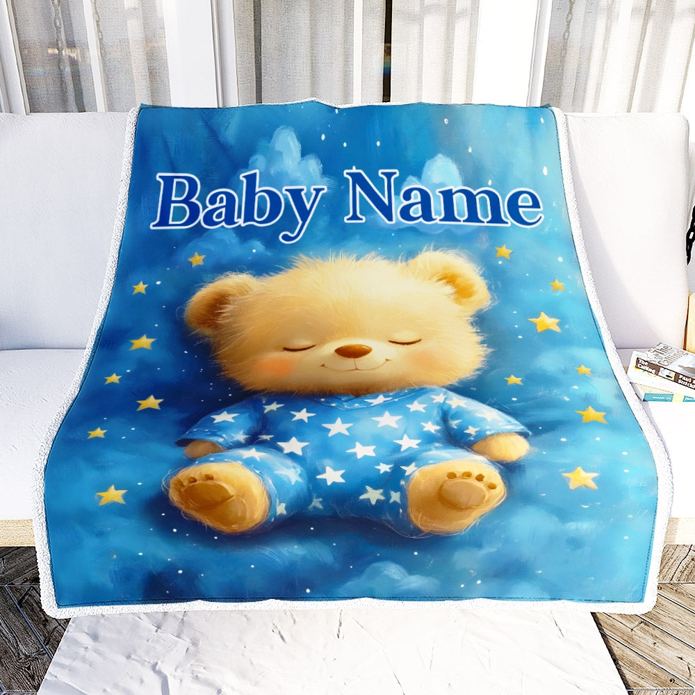 Personalized Baby Blanket With Custom Name Cute Sleeping Bear Stars Nursery Bedding Soft Plush Easter Christmas Birthday Gifts For Boys Girls Fleece Blanket | teecentury