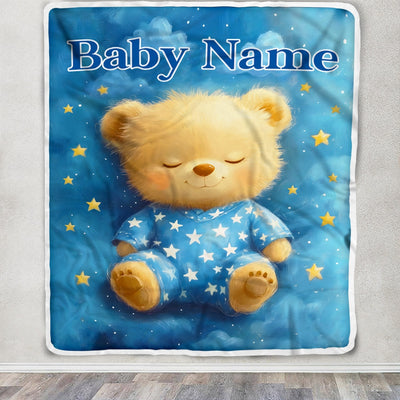 Personalized Baby Blanket With Custom Name Cute Sleeping Bear Stars Nursery Bedding Soft Plush Easter Christmas Birthday Gifts For Boys Girls Fleece Blanket | teecentury