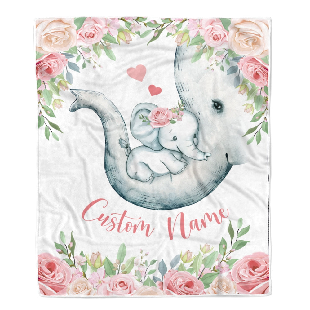 Personalized Baby Blanket With Custom Name Newborn Pink Flowers Elephant Girl Daughter Niece Granddaughter Birthday Christmas Customized Bed Fleece Blanket | teecentury