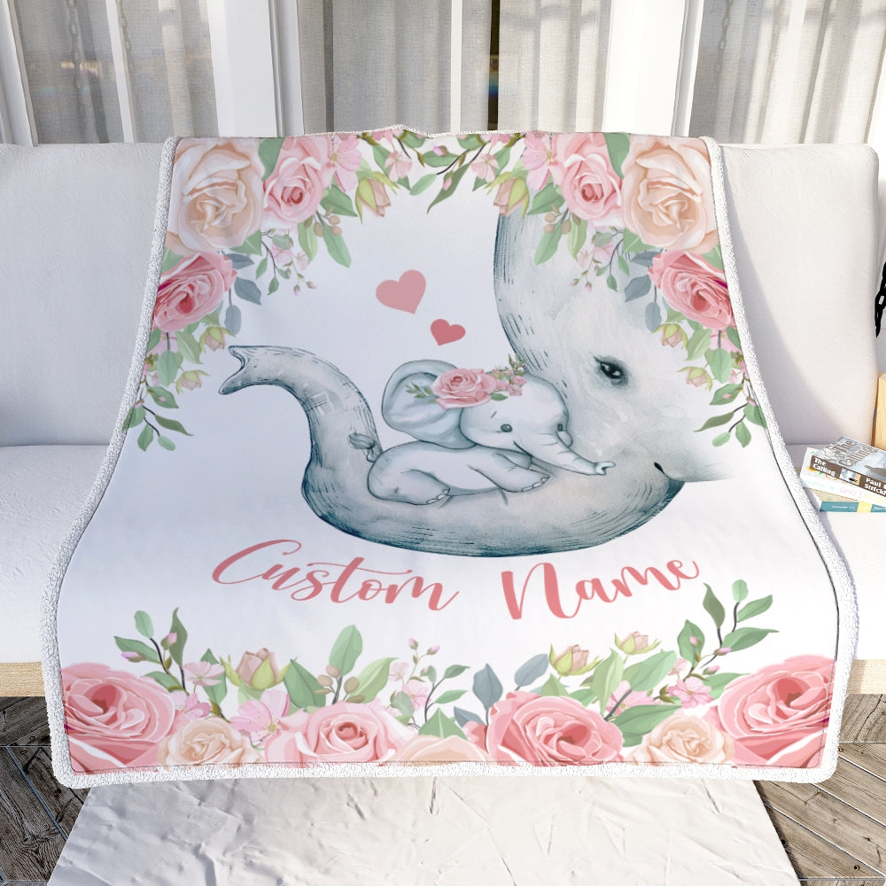 Personalized Baby Blanket With Custom Name Newborn Pink Flowers Elephant Girl Daughter Niece Granddaughter Birthday Christmas Customized Bed Fleece Blanket | teecentury