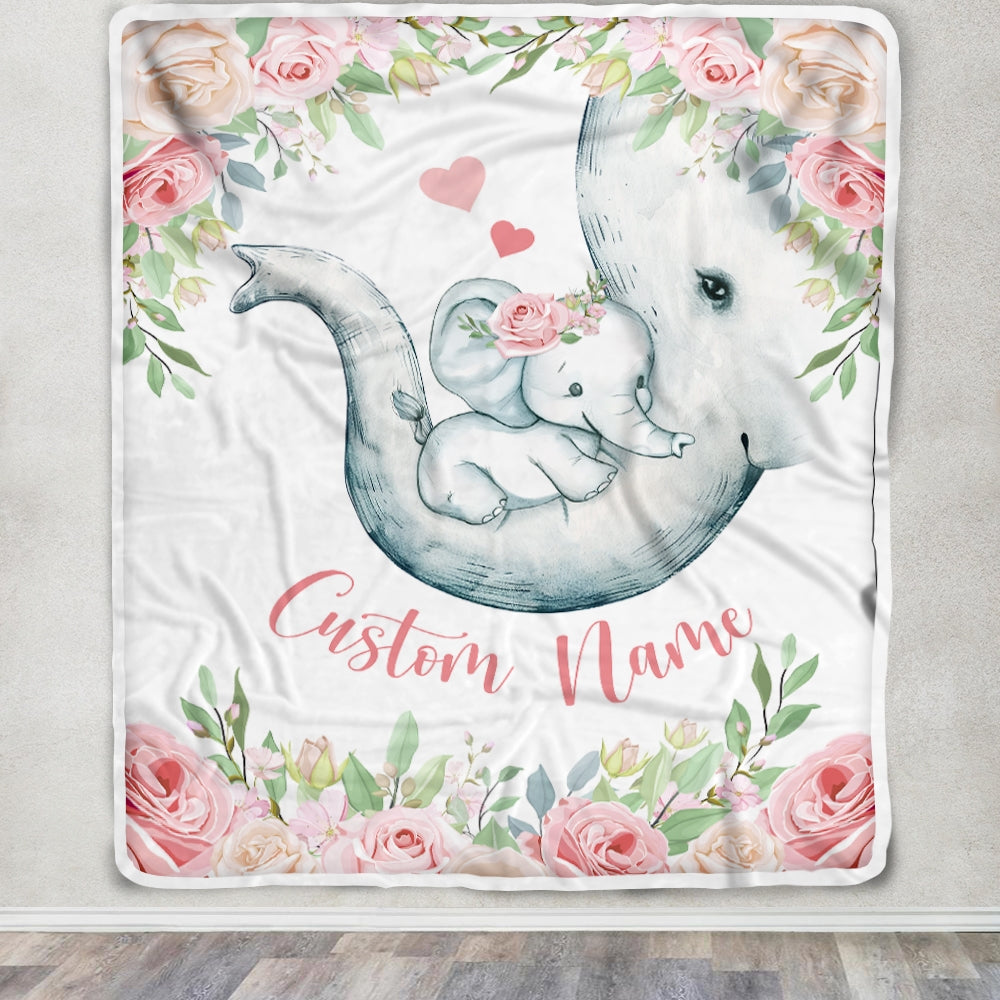Personalized Baby Blanket With Custom Name Newborn Pink Flowers Elephant Girl Daughter Niece Granddaughter Birthday Christmas Customized Bed Fleece Blanket | teecentury
