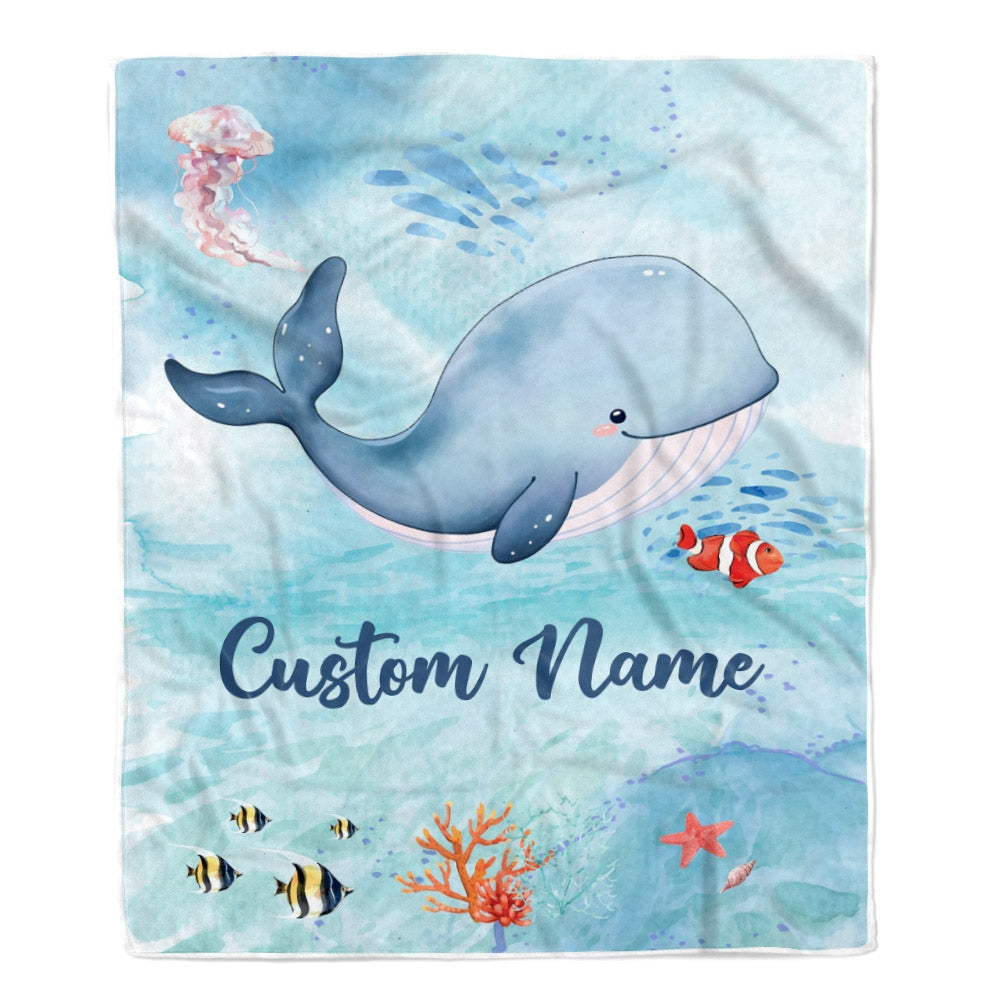 Personalized Baby Blanket With Custom Name Ocean Blue Whale Newborn Son Daughter Niece Nephew Grandson Granddaughter Birthday Christmas Bed Fleece Blanket | teecentury