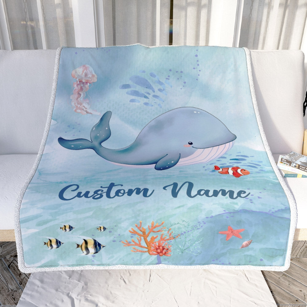 Personalized Baby Blanket With Custom Name Ocean Blue Whale Newborn Son Daughter Niece Nephew Grandson Granddaughter Birthday Christmas Bed Fleece Blanket | teecentury