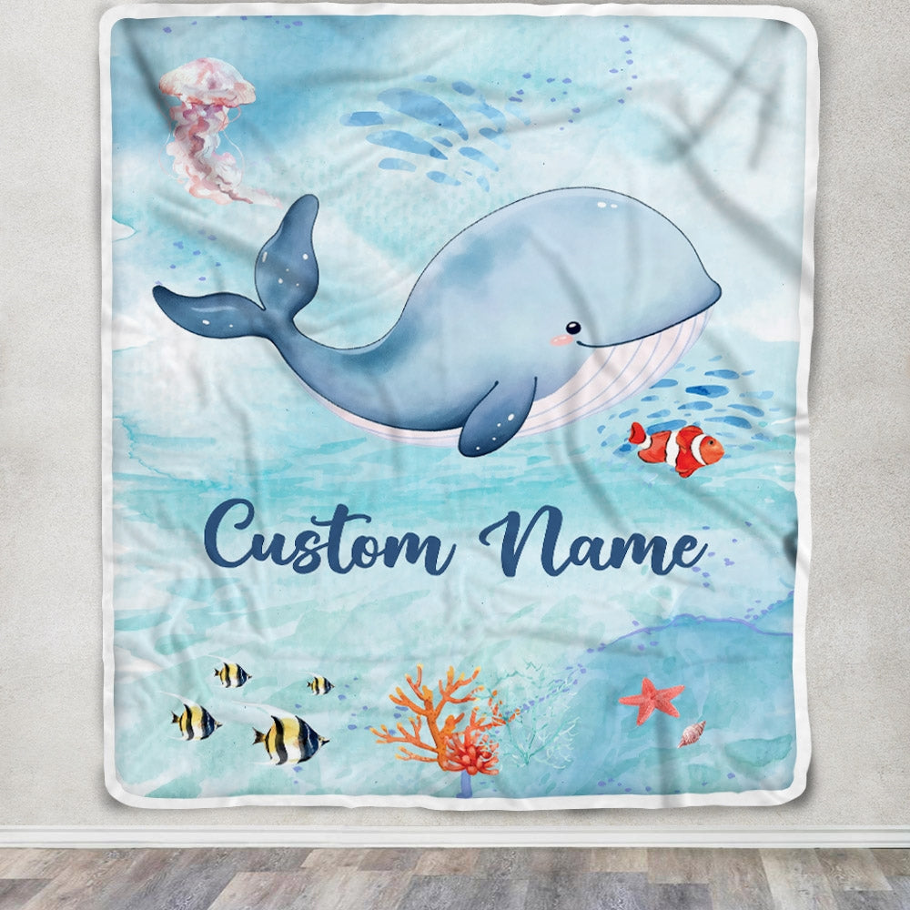 Personalized Baby Blanket With Custom Name Ocean Blue Whale Newborn Son Daughter Niece Nephew Grandson Granddaughter Birthday Christmas Bed Fleece Blanket | teecentury