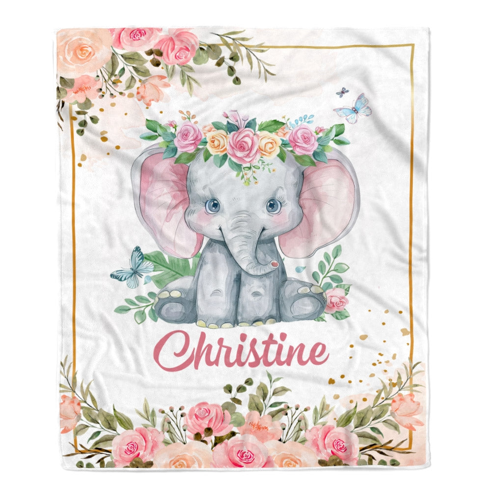 Personalized Baby Blanket With Name Custom Cute Elephant Flower Newborn Baby Girl Children Kids Daughter Granddaughter Niece Birthday Christmas Fleece Blanket Blanket | Teecentury.com