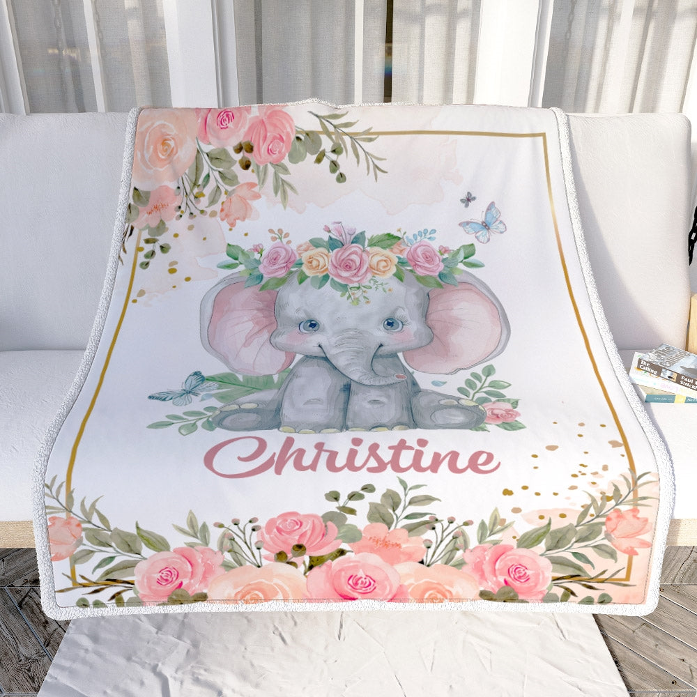 Personalized Baby Blanket With Name Custom Cute Elephant Flower Newborn Baby Girl Children Kids Daughter Granddaughter Niece Birthday Christmas Fleece Blanket Blanket | Teecentury.com