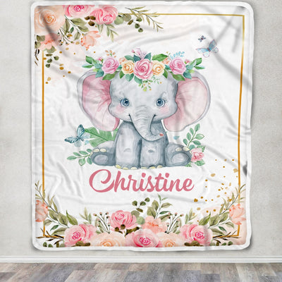 Personalized Baby Blanket With Name Custom Cute Elephant Flower Newborn Baby Girl Children Kids Daughter Granddaughter Niece Birthday Christmas Fleece Blanket Blanket | Teecentury.com