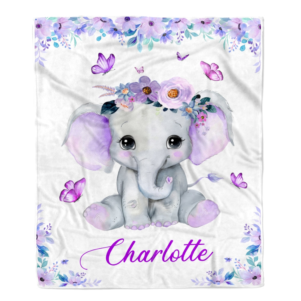 Personalized Baby Blanket With Name Custom Cute Elephant Purple Newborn Baby Girl Children Kids Daughter Granddaughter Niece Birthday Christmas Fleece Blanket Blanket | Teecentury.com