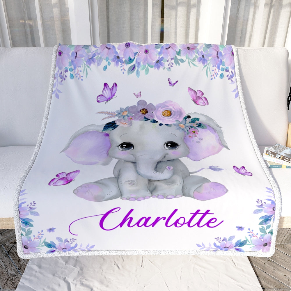 Personalized Baby Blanket With Name Custom Cute Elephant Purple Newborn Baby Girl Children Kids Daughter Granddaughter Niece Birthday Christmas Fleece Blanket Blanket | Teecentury.com