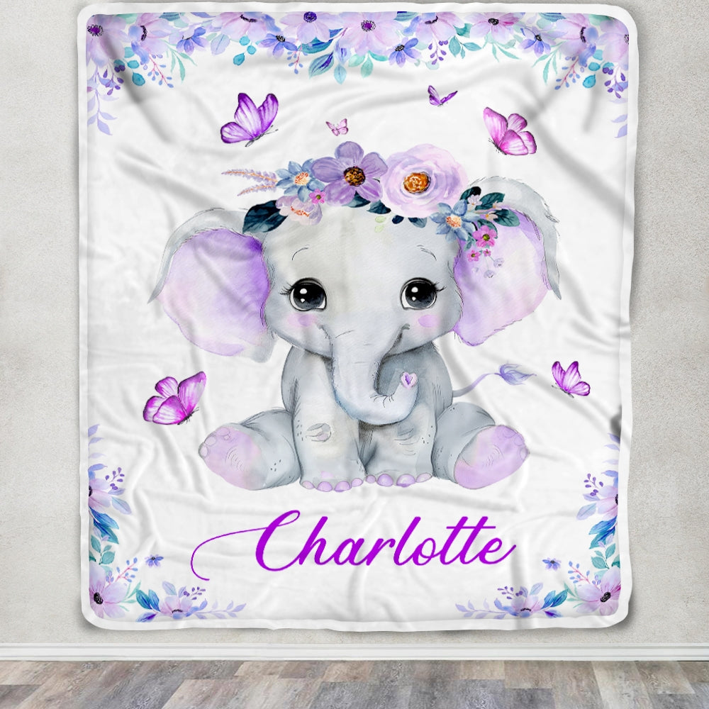 Personalized Baby Blanket With Name Custom Cute Elephant Purple Newborn Baby Girl Children Kids Daughter Granddaughter Niece Birthday Christmas Fleece Blanket Blanket | Teecentury.com