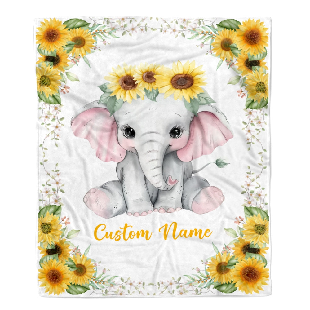 Personalized Baby Blanket With Name Custom Elephant Sunflower Newborn Baby Girl Children Kids Daughter Granddaughter Niece Birthday Christmas Fleece Blanket Blanket | Teecentury.com