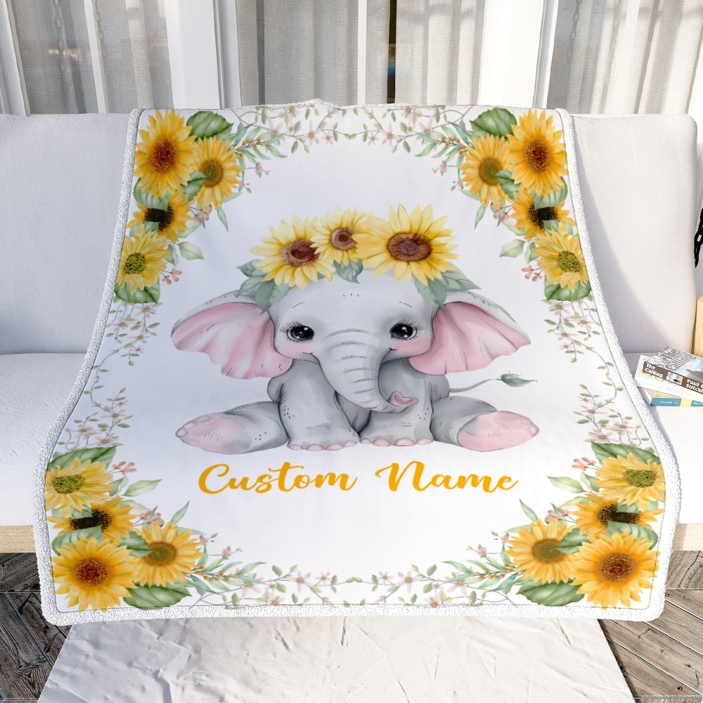Personalized Baby Blanket With Name Custom Elephant Sunflower Newborn Baby Girl Children Kids Daughter Granddaughter Niece Birthday Christmas Fleece Blanket Blanket | Teecentury.com