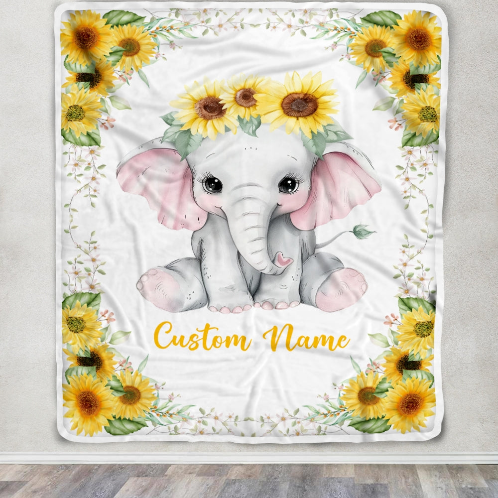 Personalized Baby Blanket With Name Custom Elephant Sunflower Newborn Baby Girl Children Kids Daughter Granddaughter Niece Birthday Christmas Fleece Blanket Blanket | Teecentury.com
