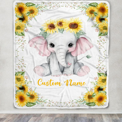 Personalized Baby Blanket With Name Custom Elephant Sunflower Newborn Baby Girl Children Kids Daughter Granddaughter Niece Birthday Christmas Fleece Blanket Blanket | Teecentury.com
