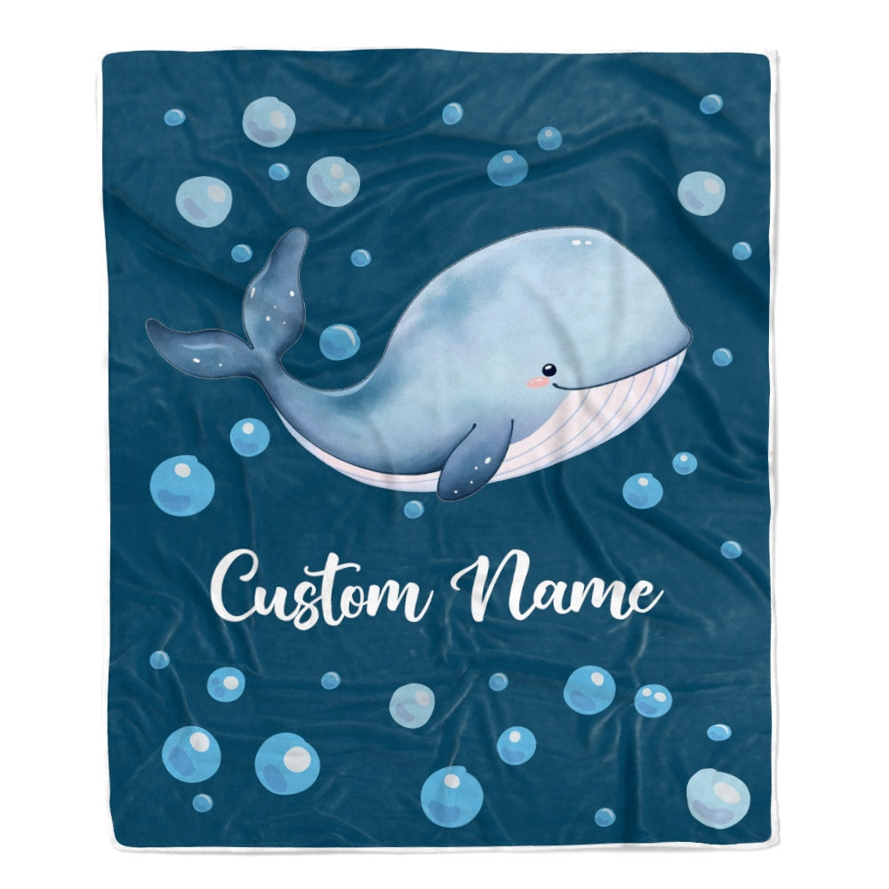 Personalized Baby Blanket With Name Custom Newborn Blue Whale Son Daughter Niece Nephew Grandson Granddaughter Birthday Christmas Customized Bed Fleece Blanket | teecentury