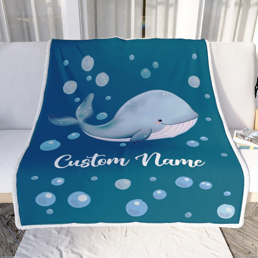 Personalized Baby Blanket With Name Custom Newborn Blue Whale Son Daughter Niece Nephew Grandson Granddaughter Birthday Christmas Customized Bed Fleece Blanket | teecentury