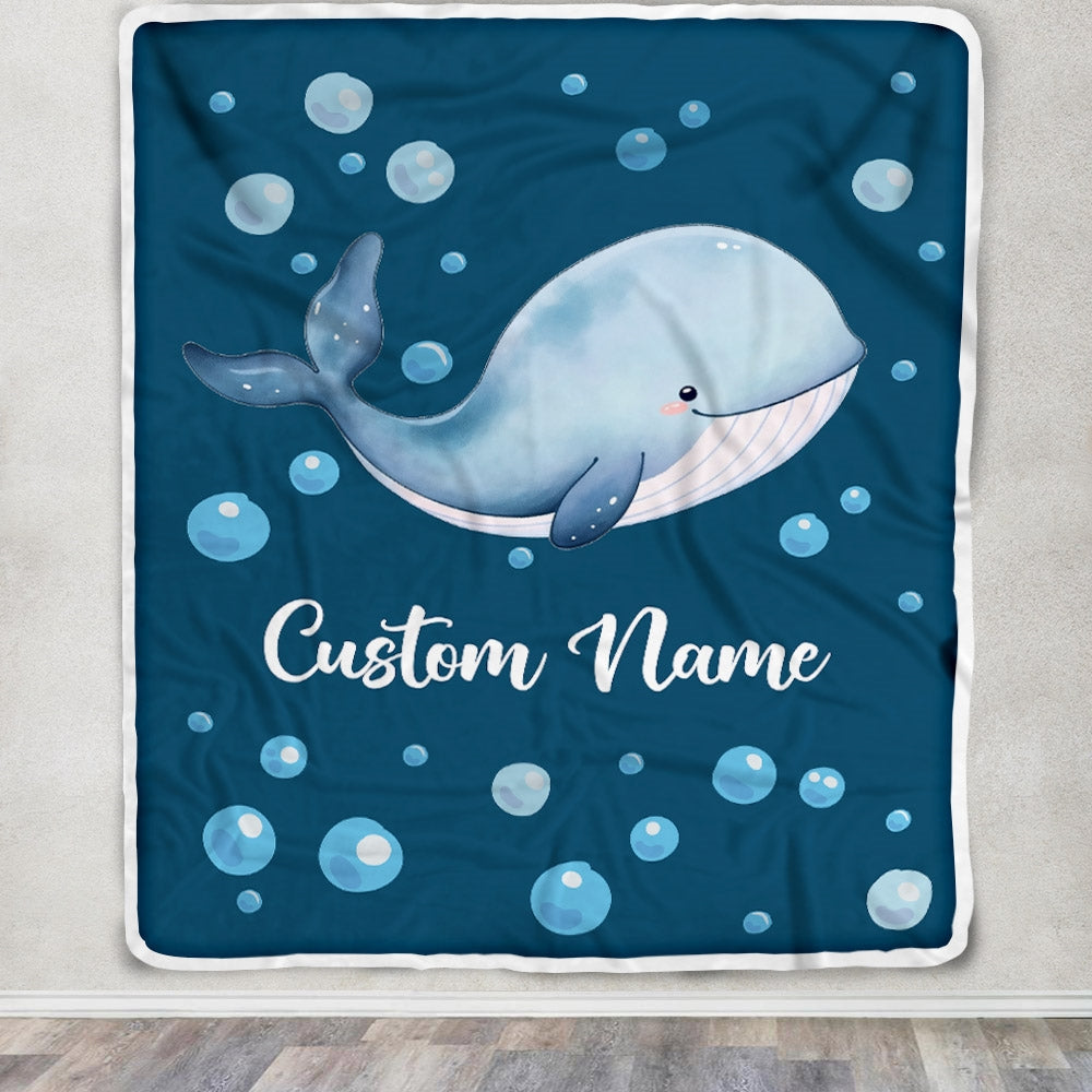 Personalized Baby Blanket With Name Custom Newborn Blue Whale Son Daughter Niece Nephew Grandson Granddaughter Birthday Christmas Customized Bed Fleece Blanket | teecentury