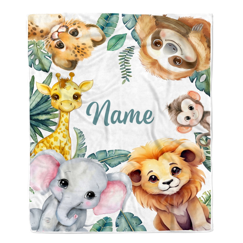 Personalized Baby Blanket With Name Custom Safari Animals Boy Girl Son Daughter Niece Granddaughter Birthday Christmas Customized Bed Fleece Throw Blanket | teecentury